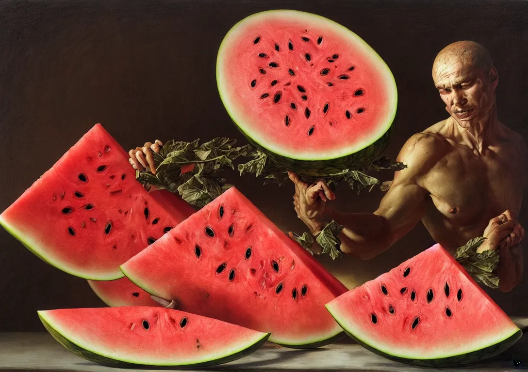 Prompt: a plate full of sliced watermelon in the style of wayne barlowe, gustav moreau, goward, bussiere, roberto ferri, santiago caruso, luis ricardo falero, frazetta