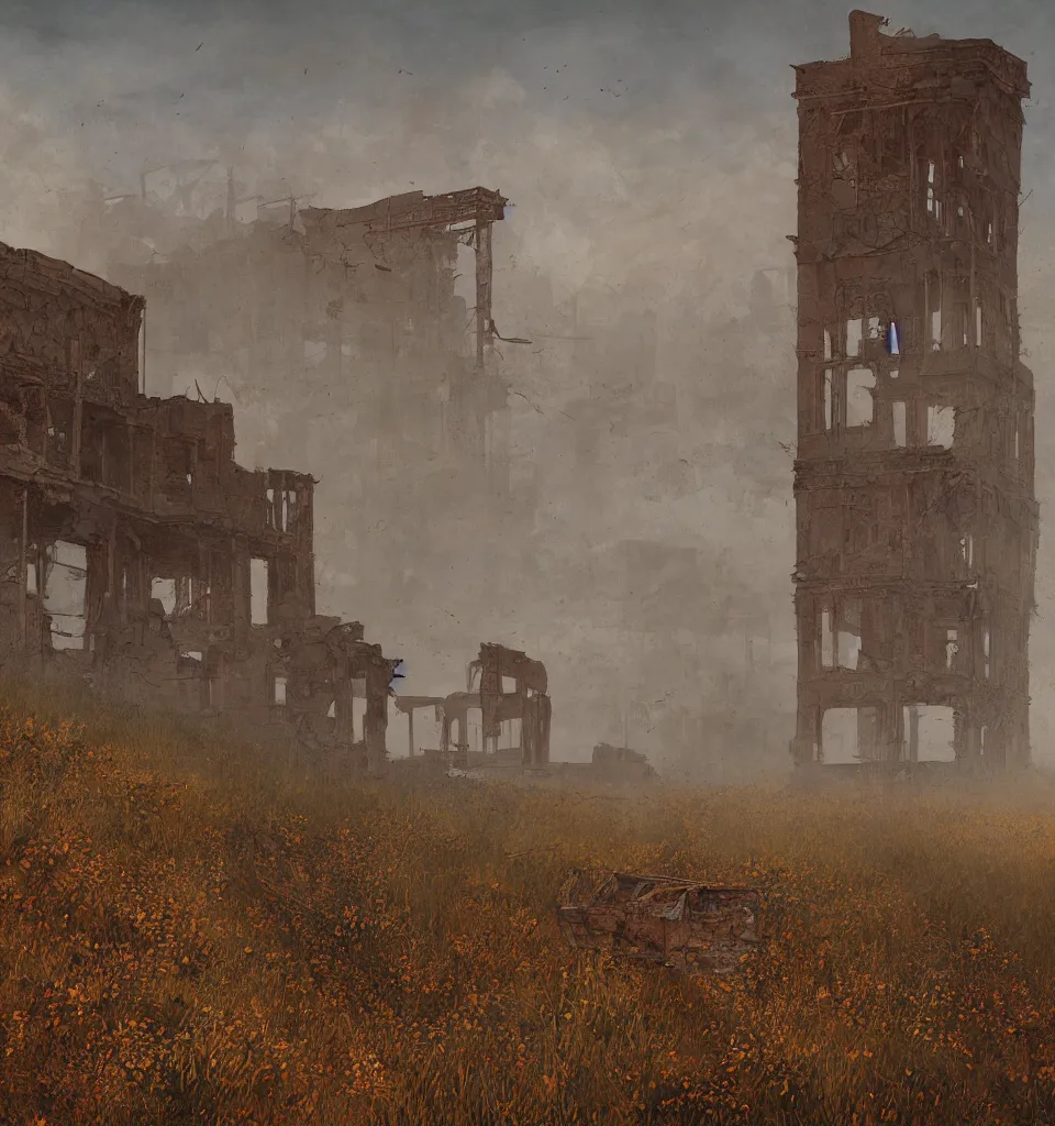 Prompt: rusty broken building constructions of a staircase, the ruins, in the steppe, autumn field, misty background, from the game pathologic 2, early morning, matte painting, by isaac levitan and asher brown durand,