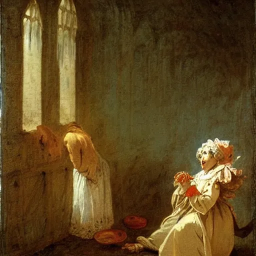 Prompt: a story about a witch begging for her life in a church, by jean honore fragonard,