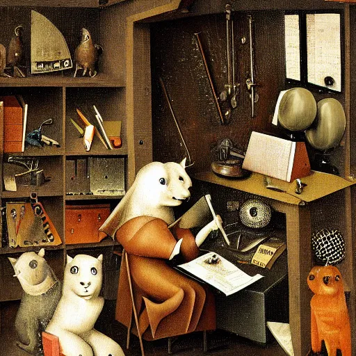 Image similar to anthropomorphic animals working in a cluttered office space by hieronymus bosch, ultra detailed, highly detailed, 8 k, trending on artstation, award - winning art,