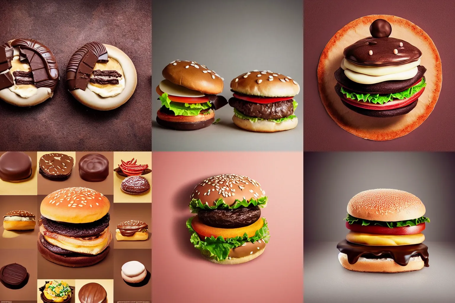 Prompt: ( ( ( hamburger ) ) ) made entirely out of chocolate!!!!!, advertisement, food photography, studio lighting
