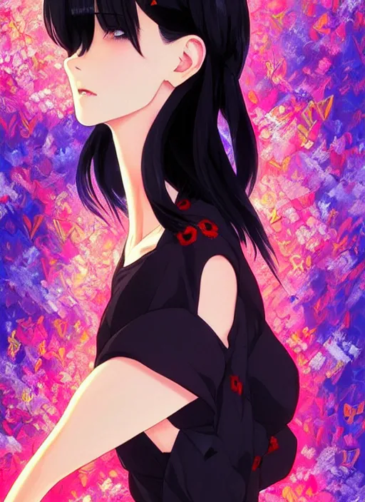 Image similar to a beautiful girl with black hair in 2020's fashion, ballroom background, intricate, highly detailed, digital painting, artstation, official media, anime key visual, concept art, rich vivid colors, ambient lighting, sharp focus, illustration, art by Artgerm, Makoto Shinkai, Ilya Kuvshinov, Lois Van Baarle, and Rossdraws