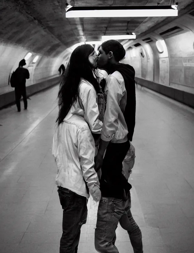 Image similar to couple of boy and girl kiss in a subway underground, radiates strong aura light, wide angle polaroid photograph with flash, kodak film stock, hyper real, stunning moody cinematography, with anamorphic lenses, by maripol, detailed