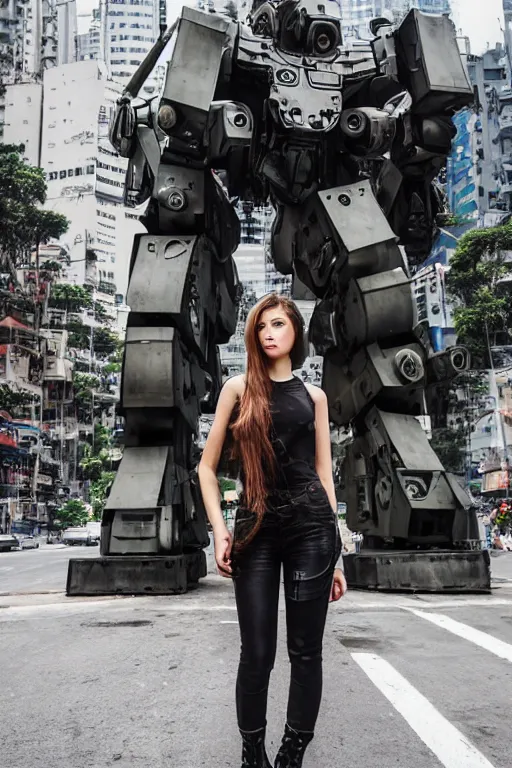 Image similar to portrait cinematography of beautiful young female, clothed in sci-fi military armor, long hair blowing in the wind. Giant mechs in the streets of Hong Kong. by Anita Sadowska