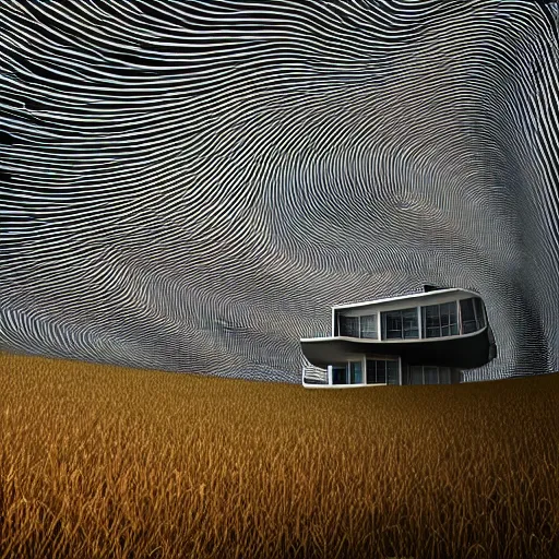 Image similar to house inspired by artistic data art, driven data, generative, particle waves, spirals