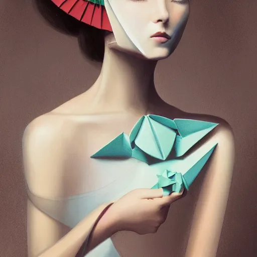 Prompt: 3 / 4 view of a beautiful girl wearing an origami dress, eye - level medium shot, hummingbirds, elegant, by eiko ishioka, givenchy, edgar degas, by peter mohrbacher, centered, fresh colors, origami, fashion, detailed illustration, vogue, high depth of field, japanese, reallusion character creator