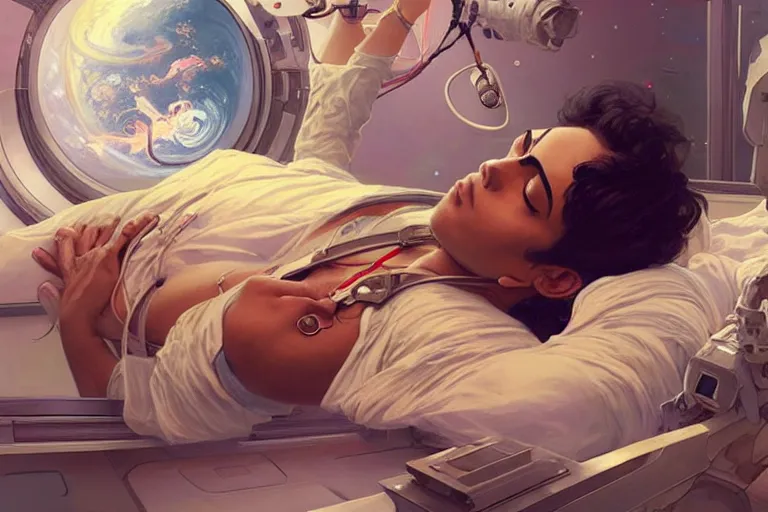 Prompt: Sensual good looking pale young Indian doctors wearing jeans asleep in a space station above Earth performing surgery, portrait, elegant, intricate, digital painting, artstation, concept art, smooth, sharp focus, illustration, art by artgerm and greg rutkowski and alphonse mucha