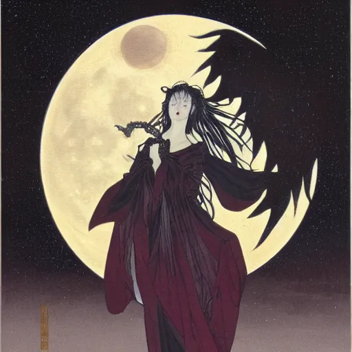 Image similar to vampire fairy demon looking at the moon at deep night by takato yamamoto and stephanie priscilla, 4 k oil painting