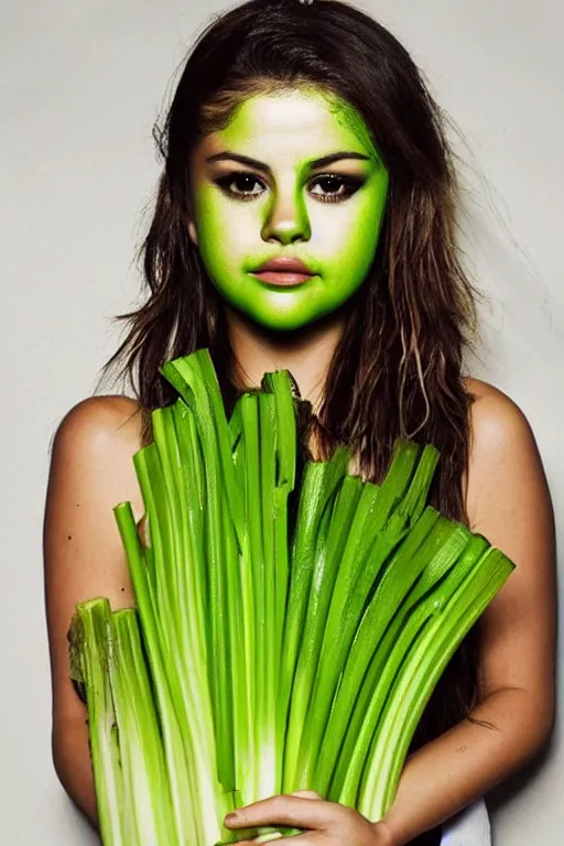 Image similar to selena gomez made out of celery, a human face with celery for hair, celery in the shape of a human face, a bunch of celery sitting on a cutting board, professional food photography, selena gomez wearing green face paint