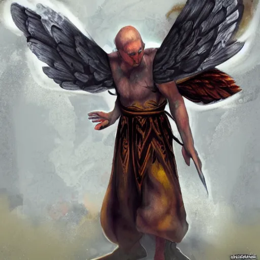 Image similar to winged monk, chaos, unarmed combat, art station, fantasy art, concept painting