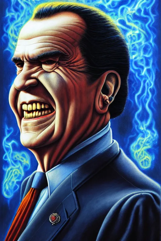 Image similar to Richard Nixon, tarot card, by tomasz alen kopera and Justin Gerard, expensive suit, big smile, cell phone, piercing eyes, symmetrical features, ominous, magical realism, texture, intricate, ornate, royally decorated, whirling blue smoke, embers, radiant colors, fantasy, trending on artstation, volumetric lighting, micro details, 3d sculpture, ray tracing, 8k, anaglyph effect