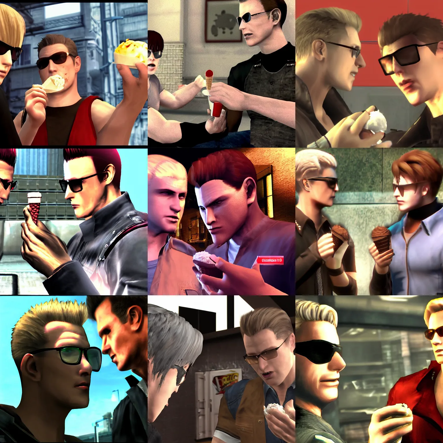 Prompt: albert wesker from resident evil eating ice cream with alex mercer from prototype, ps 3 / x 3 6 0 hd gritty gameplay screenshot