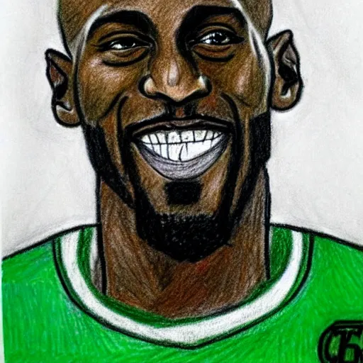 Prompt: 7 year old crayon drawing, celtics kevin garnett eating babies