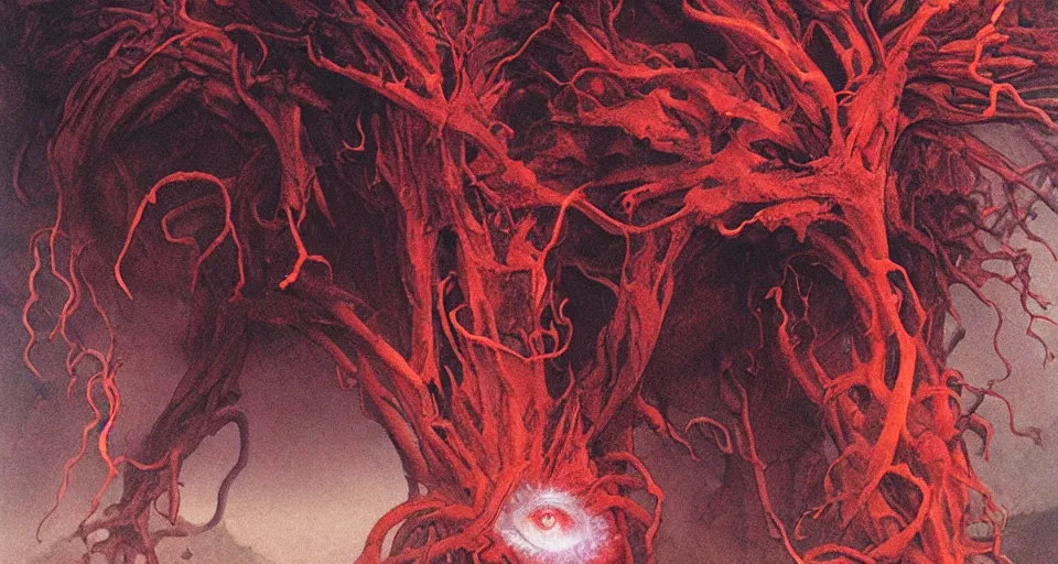 Image similar to a volcano made of ivory vines and crimson rocks enters in eruption, it spits a smoke in the shape of demonic eye, by Brian Froud