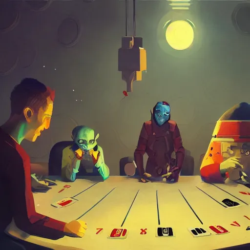 Image similar to people playing cards at the table inside a space base , artwork by Sergey Kolesov, detailed, dynamic, cinematic composition
