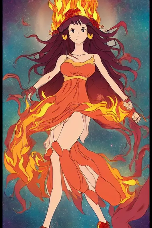 Image similar to beautiful goddess of fire stands in her power, in the style of studio ghibli