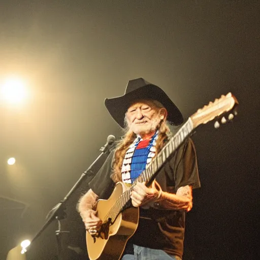 Image similar to willie nelson on stage, four fingers holding guitar. god rays through fog.