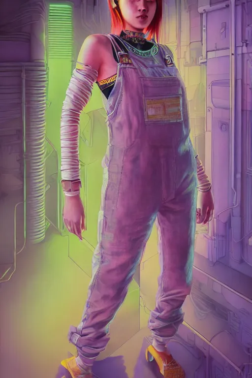 Image similar to a full body illustration of an asian female cyberpunk character wearing dungarees, highly detailed, oil on canvas, soft lighting, neon pastel colors, by Jean Giraud, HD, 4K