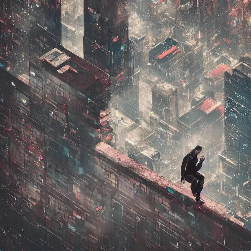 Prompt: a cyber boy ontop of a building, cyberpunk art by elsa bleda, by elsa bleda unsplash contest winner, aestheticism, dystopian art