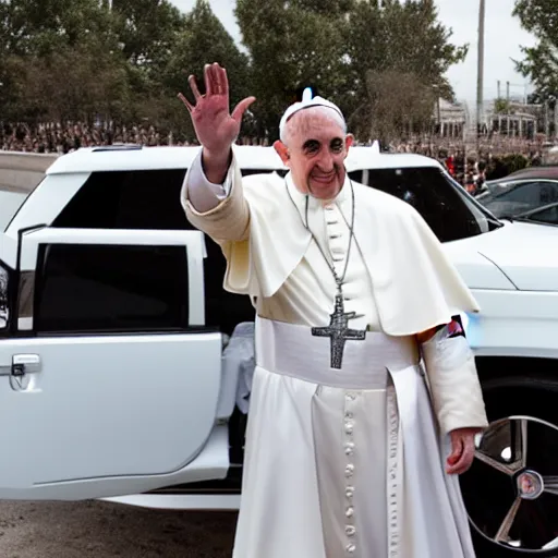 Prompt: The pope wearing a gangster chain and throwing gang signs in front of a white escalade, 4k, digital photograph