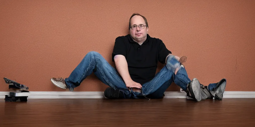 Prompt: detailed photograph of linux torvalds sitting on floor against the wall of room, crying over failure of rust programming language in linux kernel, broken desk items scattered across the floor