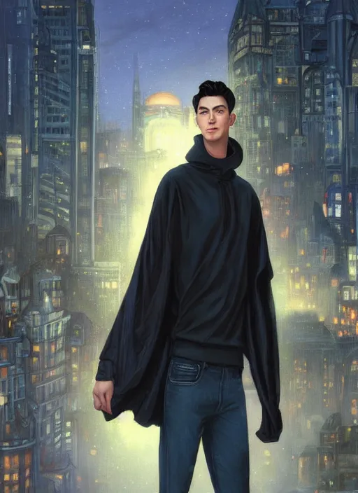 Image similar to handsome young man with short black hair, glowing light blue eyes, pale skin, wearing jeans and a black hoodie, detailed night time cityscape background, realistic painting by ross tran and gerald brom and alphonse mucha, ilya kuvshinov, svetlana tigai, artgerm, trending on artstation