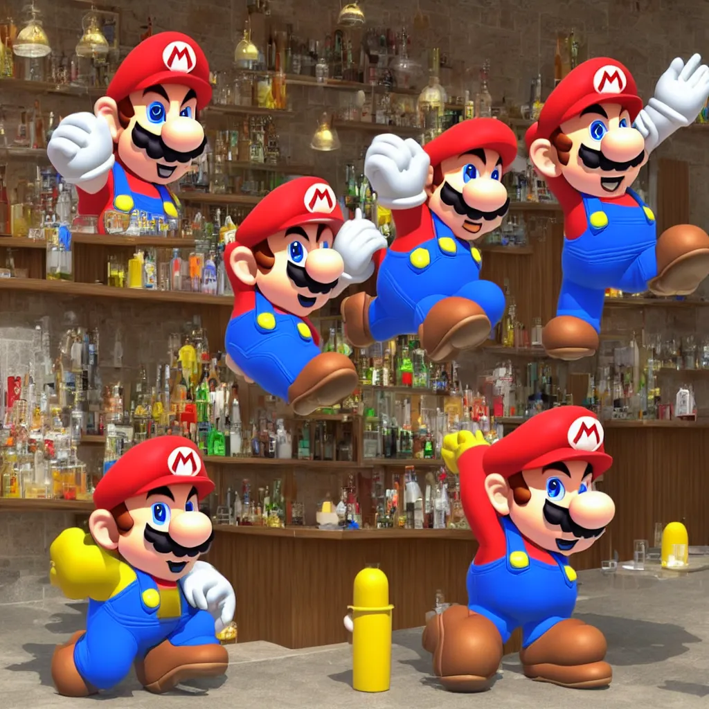 Prompt: Super mario and wario sitting in a bar, drunk, best 3D render, very detailed and perfectly readable fine and soft relevant outlines bords doux, éclairage agréable, parfait