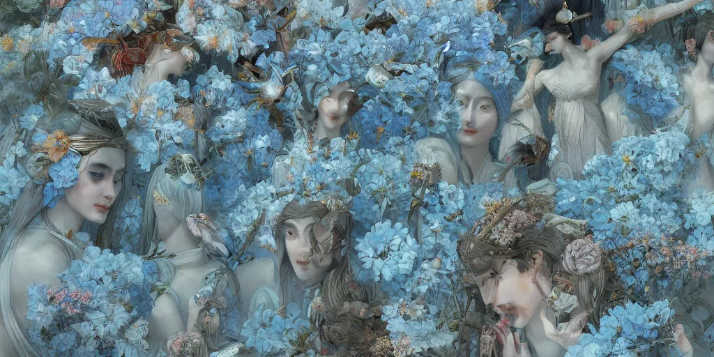 Image similar to breathtaking detailed concept art painting art deco pattern of faces goddesses amalmation light - blue flowers with anxious piercing eyes and blend of flowers and birds, by hsiao - ron cheng and john james audubon, bizarre compositions, exquisite detail, extremely moody lighting, 8 k