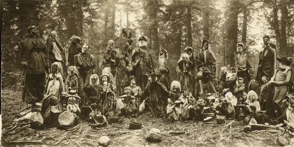 Image similar to old forest hermits holding voodoo dolls around a wildly lit campfire in an ominous forest, 1 9 0 0 s photography