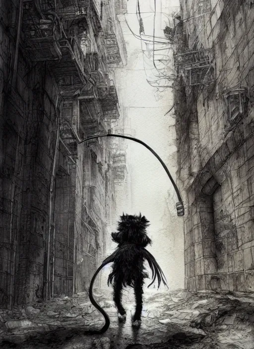 Image similar to portrait, depressed scruffy kitten wanders a scary sewer, watercolor, dramatic lighting, cinematic, establishing shot, extremely high detail, foto realistic, cinematic lighting, pen and ink, intricate line drawings, by Yoshitaka Amano, Ruan Jia, Kentaro Miura, Artgerm, post processed, concept art, artstation, matte painting, style by eddie mendoza, raphael lacoste, alex ross