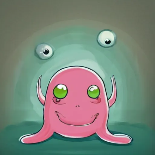 Image similar to a cute illustration of a smiling blobby squid jelly creature with three eyes, two horns on top of his head