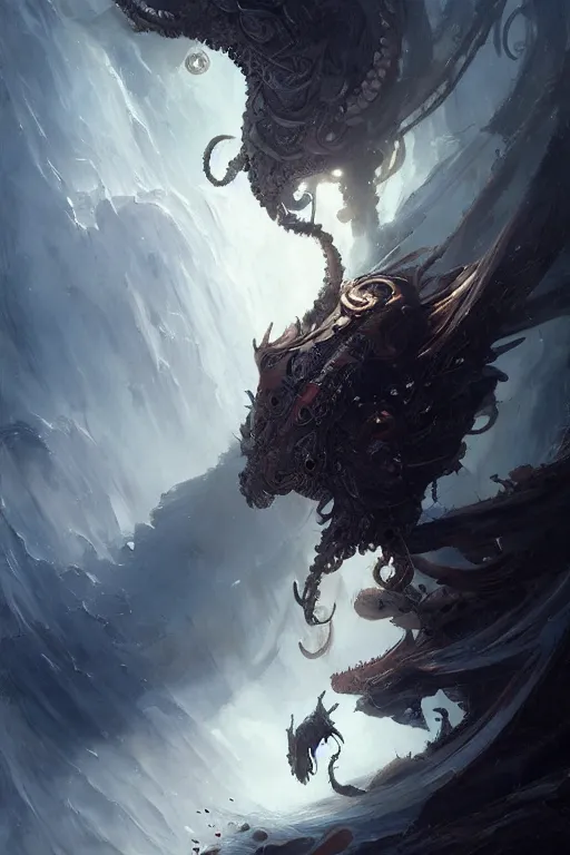 Image similar to art masterpice, cthulu descending from the clouds, intricate, beautiful cinematic lighting, stunning painting by artgerm, caravaggio, android jones, wadim kashin