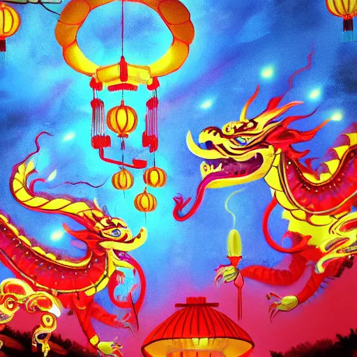 Prompt: chinese new year dragon dance detailed luminescent airbrush magical realism painting with background of glowing lanterns rising over river at night 4k