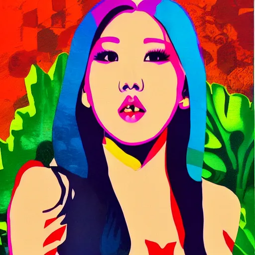 Image similar to popart painting of Hwasa. Mamamoo beautiful singer talented woman. FULL BODY WOMANLY FIGURE. Full body popart cute face.