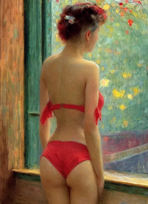 Prompt: A woman looking through a rainy window, raining outside, back view, wide shot, colorful string bikini, modest, 1950s, americana, award-winning, warm colors, by Ilya Repin, deviantart