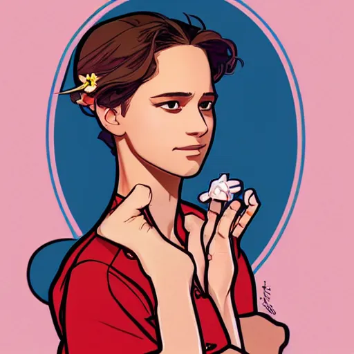 Image similar to the irresistable nonbinary Alicia Vikander, highly detailed, artstation, digital illustration, concept art, by Kyoto Animation and Studio Ghibli, by Ilya Kuvshinov and Alphonse Mucha