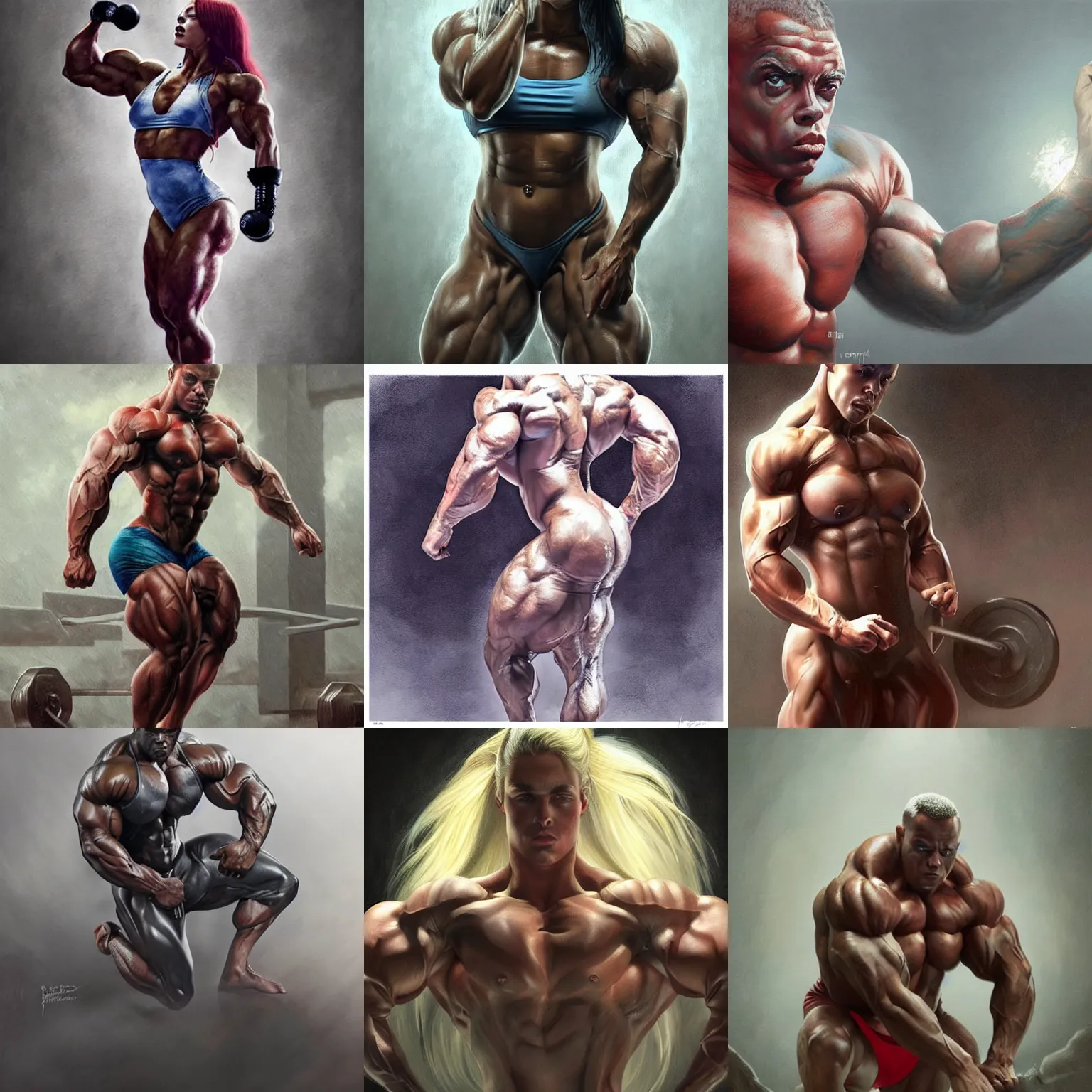 Prompt: billie eilish, body builder physique, competing at mr olympia, highly detailed, digital painting, matte, sharp focus, art by artgerm, greg rutkowski, frank frzetta, boris vallejo, bouguereau, beksinski, cinematic