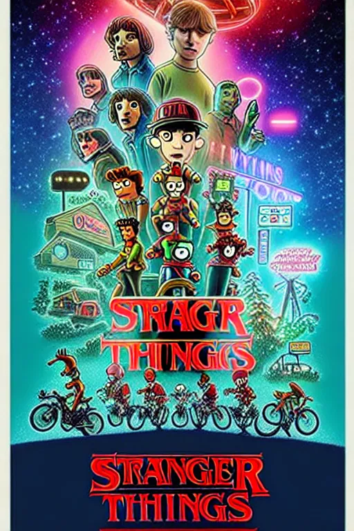 Prompt: Futurama Cast in Stranger Things poster by Matt Groening, high resolution, hyper detailed, intricate, illustrated, all cast members !n-9