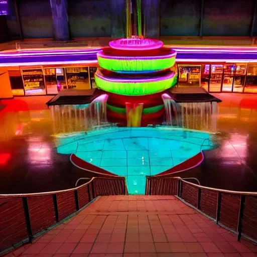 Image similar to A vast 80s shopping mall interior with an enormous water feature, water fountain, water falls, photo taken at night, neon pillars, large crowd, red brick