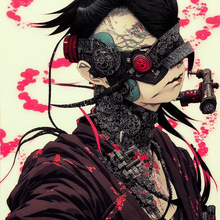 Image similar to a beautiful ukiyo painting of cyberpunk ninja, wearing cyberpunk streetwear, detailed close up portrait, concept art, by takato yamamoto, wlop, krenz cushart. cinematic dramatic atmosphere, sharp focus