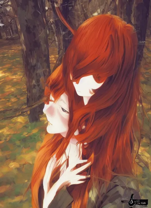 Image similar to portrait painting by shigenori soejima, girl with fox ears, long wavy orange hair, light brown trenchcoat, forest background, focus on face, pretty, cinematic lighting, painterly