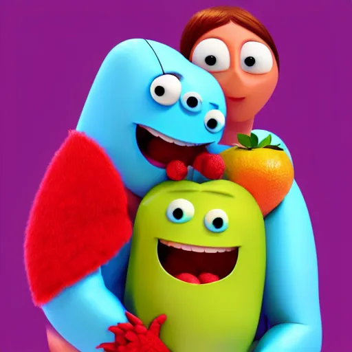 Prompt: cute fun hugging tutti frutti characters, pixar, digital, vivid