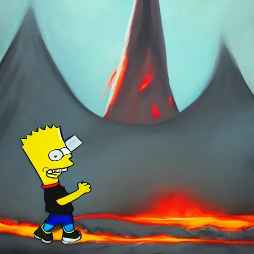 Image similar to a painting of bart simpson walking through mordor towards mount doom. Lava flowing and the eye of sauron in the distance. Detailed trending on artstation.