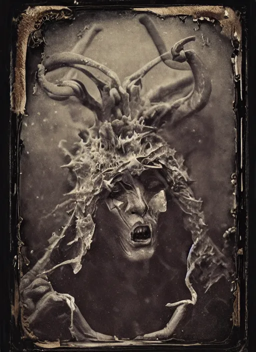 Prompt: old wetplate daguerreotype demons, devil, pain, anger, desolation, angel, bird head, explosion of data fragments, fractal, intricate, elegant, highly detailed, parallax, leica, medium format, subsurface scattering, by jheronimus bosch and greg rutkowski and louis jacques mande daguerre