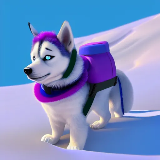 Prompt: snow rescue husky, cyan and purple snow suit, yellow headband, purple and cyan snowmobile, 3 d model, cartoony, pixar style, artstation, unreal engine, on a mountain, noon, 4 k, ultra quality