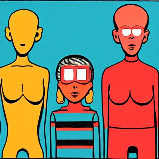 Image similar to three characters by daniel clowes : : graphic art on a stylish background, subdued colors, detailed drawing