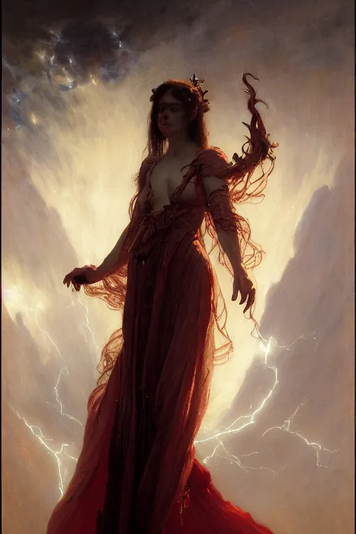 Image similar to a full body portrait of a demon girl wearing gown, high detail, cleary see face, by gaston bussiere, bayard wu, greg rutkowski, odd nerdrum, maxim verehin, realism, harsh lighting, dan dos santos, masterpiece, sharp focus, cinematic lightning