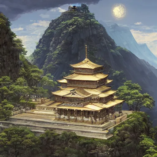 Prompt: concept art painting of a light marble temple on top of a mountain, with greek and japanese architecture, overlooking a valley with a village below, realistic, detailed, cel shaded, in the style of makoto shinkai and greg rutkowski and albert bierstadt and james gurney