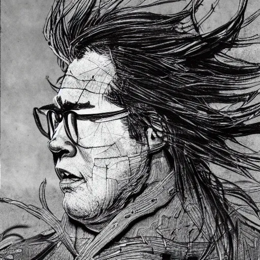 Image similar to Yoshitaka Amano realistic illustration of jeb bush ,hair fluttering in the wind, cracks on his face wearing Elden ring armour with engraving, abstract black and white patterns on the background, noisy film grain effect, highly detailed, Renaissance oil painting, weird portrait angle, blurred lost edges, three quarter view