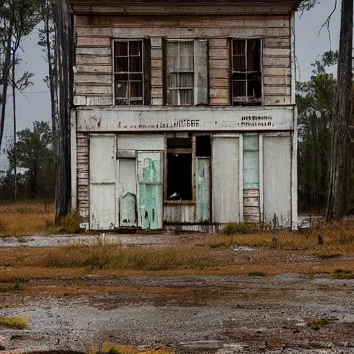 Prompt: an abandoned store's exterior in the middle of nowhere, by william christenberry, ultra detailed, rainy, beautiful